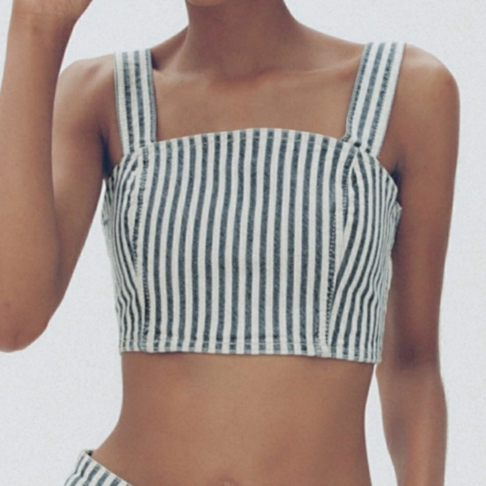 ZARA Denim Striped Bustier Corset‎ Crop Top Blogger Favorite